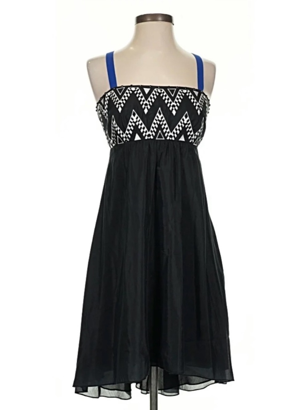 Black Dress with Blue Straps and Patterned Bodice